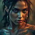 Matte portrait of Nidalee with tattoos, Highly Detailed, Alluring, Bokeh effect, Photo Realistic, Sharp Focus, Volumetric Lighting