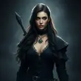 Alluring full body portrait of a beautiful Yennefer in Witcher 3 style in black, 8k, Highly Detailed, Intricate, Photo Realistic, Sharp Focus, Volumetric Lighting, Fantasy, Elegant