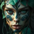 Closeup matte portrait of a tattooed Poison Ivy, symmetrical face, 8k, Highly Detailed, Intricate, Artstation, Matte Painting, Sharp Focus, Concept Art by Stanley Artgerm Lau, Greg Rutkowski