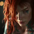 Close up of a red haired Sarah Kerrigan with tattoos, 8k, Highly Detailed, Artstation, Bokeh effect, Sharp Focus, Volumetric Lighting, Concept Art by Stanley Artgerm Lau, Greg Rutkowski