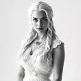 Alluring black and white matte portrait of a beautiful Daenerys Targaryen with a white background in a white dress, 8k, Highly Detailed, Intricate, Half Body, Realistic, Sharp Focus, Volumetric Lighting, Fantasy, Elegant by Stanley Artgerm Lau