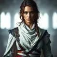 Alluring full body portrait of a beautiful Kassandra in white Assassin Creed style, 8k, Highly Detailed, Intricate, Photo Realistic, Sharp Focus, Volumetric Lighting, Fantasy, Elegant