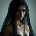 An alluring beautiful veiled Kassandra wearing a black veil, Intricate, Half Body, Volumetric Lighting, Elegant