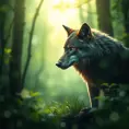 Wolf in a green magical forest, Highly Detailed, Bokeh effect, Sharp Focus, Volumetric Lighting, Fantasy by Greg Rutkowski