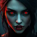 A beautiful romanian vampire woman with penetrating red bright eyes, long fangs, perfect face, 8k, Hyper Detailed, Intricate Details, Masterpiece, Contemporary, Full Body, Trending on Artstation, Gothic, Deviantart, Concept Art by Stefan Kostic