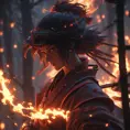 Silhouette of a samurai female assassin in the style of Fire watch, 8k, Dystopian, Trending on Artstation, Volumetric Lighting