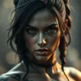 Matte portrait of Nidalee with tattoos, Highly Detailed, Alluring, Bokeh effect, Photo Realistic, Sharp Focus, Volumetric Lighting