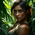 Matte portrait of the beautiful Lara Croft in a green jungle, 8k, Highly Detailed, Intricate, Realistic, Sharp Focus, Volumetric Lighting, Fantasy, Elegant by Stanley Artgerm Lau, WLOP, Stefan Kostic