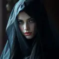 Alluring matte portrait of a beautiful veiled Yennefer wearing a black veil with long straight hair, 8k, Highly Detailed, Intricate, Half Body, Realistic, Sharp Focus, Volumetric Lighting, Fantasy, Elegant