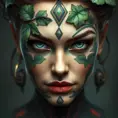 Closeup matte portrait of a tattooed Poison Ivy, symmetrical face, 8k, Highly Detailed, Intricate, Artstation, Matte Painting, Sharp Focus, Concept Art by Stanley Artgerm Lau, Greg Rutkowski