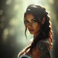 A half body portrait of a beautiful Nidalee with tattoos, Alluring, Half Body, Bokeh effect, Photo Realistic, Sharp Focus, Volumetric Lighting