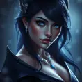 Alluring portrait of a beautiful Irelia from League of Legends in Dark Blue, Highly Detailed, Half Body, Bokeh effect, Photo Realistic by Stefan Kostic