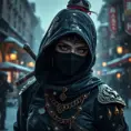 Wallpaper of a mysterious beautiful masked kunoichi ninja wearing eyeliner and gold jewelry in the streets of a dark snowy town in moscow, fluid motion, 8k, Intricate Details, Trending on Artstation, Beautiful, Stunning, Centered by Stanley Artgerm Lau, WLOP