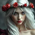 Alluring highly detailed matte portrait of a beautiful white haired vampire with a rose thorn crown in the style of Stefan Kostic, 8k, High Definition, Highly Detailed, Intricate, Half Body, Realistic, Sharp Focus, Fantasy, Elegant