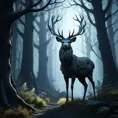 Deer in a haunted forest, Highly Detailed, Intricate, Gothic, Volumetric Lighting, Fantasy, Dark