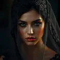 A beautiful veiled Nidalee wearing a lacy black veil, perfect face, Intricate, Half Body, Volumetric Lighting