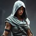 An athletic Kassandra wearing a white hood in full Assassin's Creed style, Highly Detailed, Half Body, Sharp Focus, Volumetric Lighting