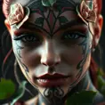 Closeup matte portrait of a tattooed Poison Ivy, symmetrical face, 8k, Highly Detailed, Intricate, Artstation, Matte Painting, Sharp Focus, Concept Art by Stanley Artgerm Lau, Greg Rutkowski