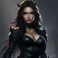 Alluring matte portrait of a beautiful Sona from League of Legends in black leather, Half Body, Realistic, Volumetric Lighting, Fantasy by Stanley Artgerm Lau