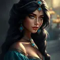 Alluring matte portrait of Princess Jasmine, 4k, 4k resolution, 8k, HD, High Definition, High Resolution, Highly Detailed, HQ, Hyper Detailed, Intricate Artwork, Ultra Detailed, Digital Painting, Matte Painting, Realistic, Sharp Focus, Dim light, Fantasy by Stanley Artgerm Lau