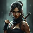 Matte portrait of the beautiful Lara Croft as a ninja, 8k, Highly Detailed, Intricate, Realistic, Sharp Focus, Volumetric Lighting, Fantasy, Elegant by Stanley Artgerm Lau, WLOP, Stefan Kostic