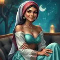 Fashion Illustration Style, A Woman in a headscarf Sitting on a sofa on a fairy-tale Background, Smiling like a Fairy Queen, Princess Jasmine, Photorealistic Disney, Disney Photos are Realistic, Princess Portrait, Disney-style Art, Beautiful Genie Girl, Disney Rendering, Disney Animation Style, Isabella Moner, Ivan Talavera Style and Artgerm, portrait of the Disney Veta, 8k, Highly Detailed, Intricate, Realistic, Sharp Focus, Volumetric Lighting, Fantasy, Elegant by Stanley Artgerm Lau, Alphonse Mucha, WLOP, Stefan Kostic