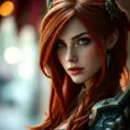 Alluring portrait of a beautiful red haired Katarina from League of Legends, Highly Detailed, Full Body, Bokeh effect, Photo Realistic, Sharp Focus by Stefan Kostic