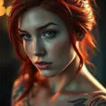 Close up of a red haired Sarah Kerrigan with tattoos, 8k, Highly Detailed, Artstation, Bokeh effect, Sharp Focus, Volumetric Lighting, Concept Art by Stanley Artgerm Lau, Greg Rutkowski