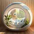 Futuristic sleeping relax pod, transparent orb, plants, natural daytime lighting, natural wooden environment, flat design, product-view, 8k, Futuristic, Sci-Fi, Natural Light