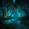 A magical pond in a fantasy forest with glowing blue trees at night, 4k, HQ, Intricate, Artstation, Cinematic Lighting, Photo Realistic, Sharp Focus, Unreal Engine, Dark