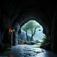 Arc hallway for secret overwatch habitation quarters carved inside a well lit cave surrounding a lush garden, 8k, Trending on Artstation, Minimalism, Unimaginable Beauty, Sharp Focus, 3D Rendering, Unreal Engine, Natural Light, Concept Art, Naturalism