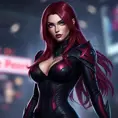 Alluring portrait of a beautiful Katarina from League of Legends in a tight suit, Highly Detailed, Full Body, Bokeh effect, Photo Realistic, Sharp Focus by Stefan Kostic