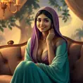 Fashion Illustration Style, A Woman in a headscarf Sitting on a sofa on a fairy-tale Background, Smiling like a Fairy Queen, Princess Jasmine, Photorealistic Disney, Disney Photos are Realistic, Princess Portrait, Disney-style Art, Beautiful Genie Girl, Disney Rendering, Disney Animation Style, Isabella Moner, Ivan Talavera Style and Artgerm, portrait of the Disney Veta, 8k, Highly Detailed, Intricate, Realistic, Sharp Focus, Volumetric Lighting, Fantasy, Elegant by Stanley Artgerm Lau, Alphonse Mucha, WLOP, Stefan Kostic