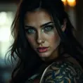 A half body portrait of a beautiful Yennefer with tattoos, Alluring, Half Body, Bokeh effect, Photo Realistic, Sharp Focus, Volumetric Lighting