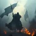 Strong medieval warrior emerging from the fog of war in a firey battle, Gothic and Fantasy, Sharp Focus, Volumetric Lighting by Stefan Kostic