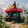 80s futuristic outdoor retro arcade, desolate, lush vegetation, Highly Detailed, Intricate, Artstation, Sharp Focus, Smooth, Octane Render, Centered, Dynamic, Elegant by Beeple, Justin Gerard, James Gilleard, Simon Stalenhag