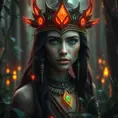 A beautiful tribal queen in a magical forest, Highly Detailed, Masterpiece, Pretty Face, Digital Illustration, Cinematic Lighting, Realistic, Sharp Focus, Centered, Beautifully Lit, Bioluminescent by Stefan Kostic