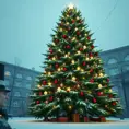 A large green christamas tree in snow lit full of christmas decorations, 8k, Highly Detailed, Digital Painting, Photo Realistic, Sharp Focus, Octane Render, Unreal Engine, Volumetric Lighting