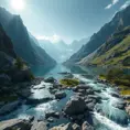 Lake in mountains streams and rivers flow down slopes of mountains and rocks into the valley spring in mountains, 8k, Award-Winning, Highly Detailed, Beautiful, Octane Render, Unreal Engine, Radiant, Volumetric Lighting by Greg Rutkowski