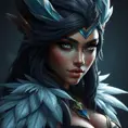 Matte portrait of the beautiful Nidalee from league of legends with feathers, Highly Detailed, Intricate, Realistic, Sharp Focus, Volumetric Lighting, Fantasy, Elegant