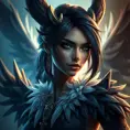 Matte portrait of the beautiful Nidalee from league of legends with feathers, Highly Detailed, Intricate, Realistic, Sharp Focus, Volumetric Lighting, Fantasy, Elegant