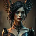 Alluring matte portrait of the beautiful goddess Selene in black leather, Highly Detailed, Intricate, Realistic, Sharp Focus, Volumetric Lighting, Fantasy, Elegant