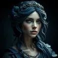 Matte portrait of the beautiful Artemis in dark blue, Highly Detailed, Intricate, Realistic, Sharp Focus, Volumetric Lighting, Fantasy, Elegant