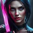 Alluring portrait of a beautiful Psylocke from Xmen in the style of Stefan Kostic, 8k, Highly Detailed, Intricate, Half Body, Realistic, Sharp Focus, Volumetric Lighting, Fantasy, Elegant