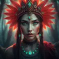 A beautiful tribal queen in a magical forest, Highly Detailed, Masterpiece, Pretty Face, Digital Illustration, Cinematic Lighting, Realistic, Sharp Focus, Centered, Beautifully Lit, Bioluminescent