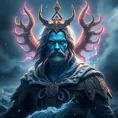 A celestial Blue-skinned God of the Seas, Storms, and Exploring emanating power of the seas, wearing half-leather, shrouded in storms in the style of digital art, 8k, Fantasy