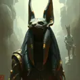 The egyptian god Anubis, Highly Detailed, Hyper Detailed, Powerful, Artstation, Vintage Illustration, Digital Painting, Sharp Focus, Smooth, Concept Art by Stanley Artgerm Lau, Alphonse Mucha, Greg Rutkowski