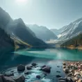 Lake in mountains streams and rivers flow down slopes of mountains and rocks into the valley spring in mountains, 8k, Award-Winning, Highly Detailed, Beautiful, Octane Render, Unreal Engine, Radiant, Volumetric Lighting by Greg Rutkowski