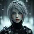 Alluring matte portrait of a beautiful ashen haired A2 from Nier Automata in the style of Stefan Kostic in black, Highly Detailed, Full Body, Snow, Bokeh effect, Photo Realistic, Sharp Focus by Stanley Artgerm Lau