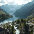 Lake in mountains streams and rivers flow down slopes of mountains and rocks into the valley spring in mountains, 8k, Award-Winning, Highly Detailed, Beautiful, Octane Render, Unreal Engine, Radiant, Volumetric Lighting by Greg Rutkowski